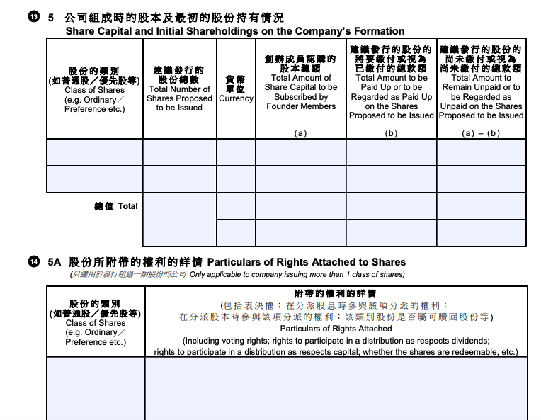 Share Capital Table in the Incorporation Form