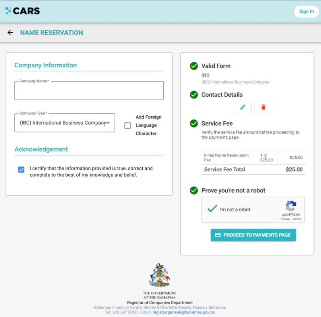 Reserving a company name on the CARS Online Public Services Portal.
