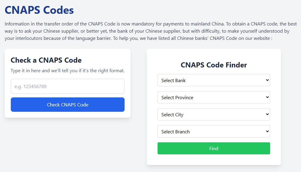 A two-part graphic illustrating the 12-digit CNAPS Code structure (Bank Code, Region Code, Branch Code, Check Digit) and a website tool for checking or finding the code.