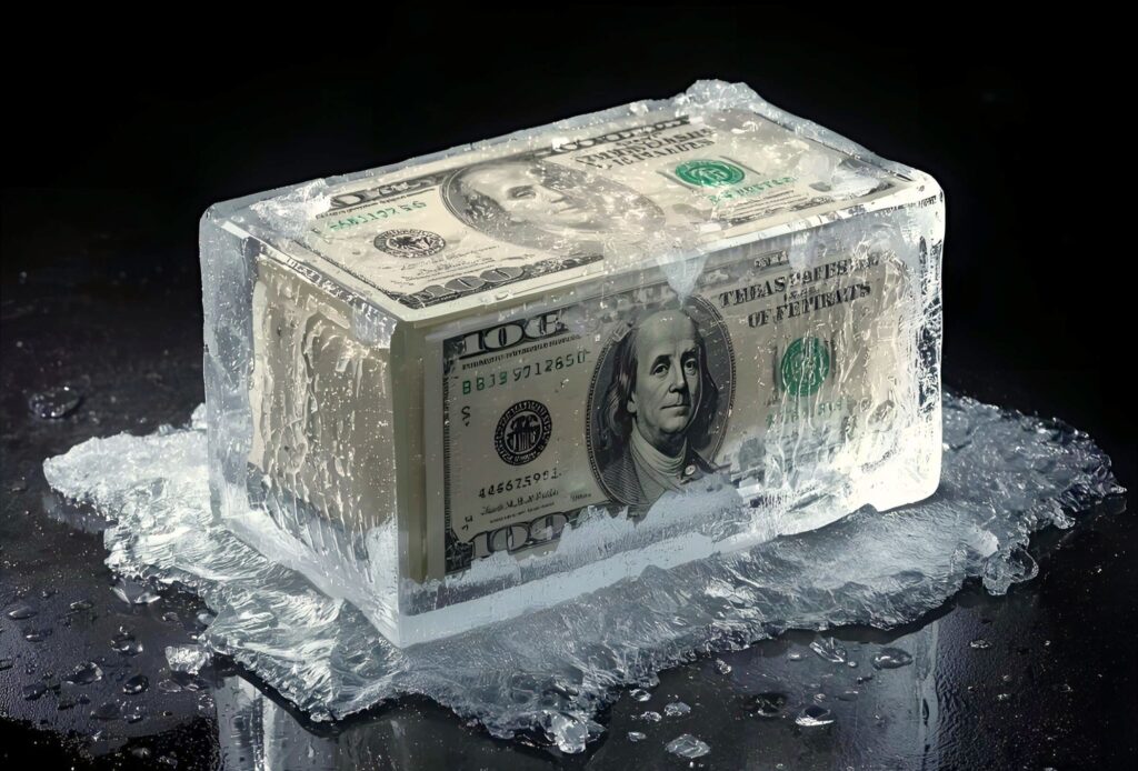 Dollar bills trapped in a block of ice.