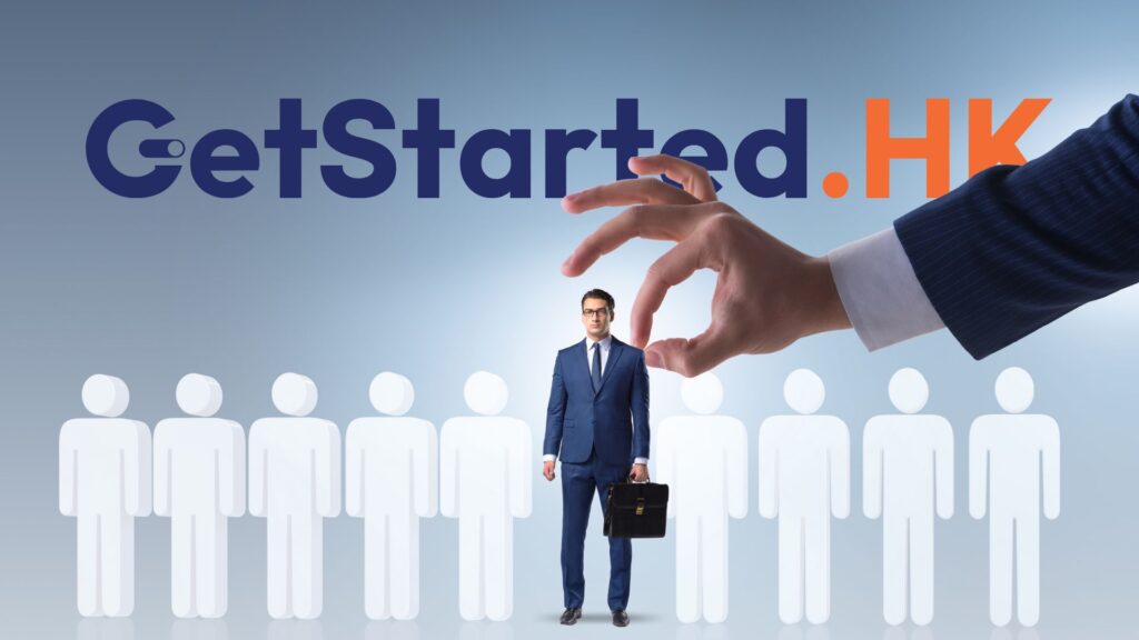 Cover image for a guide on how to hire in Hong Kong, featuring a large hand selecting one suited candidate from a line of simplified white figures.