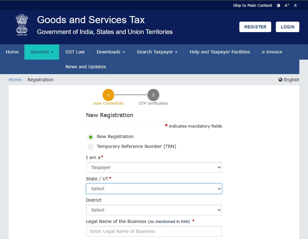 The registration page on the Indian Government’s GST Portal