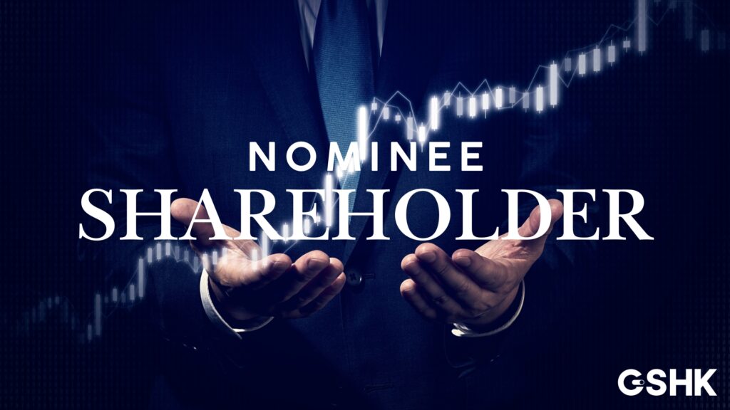Cover image for Nominee Shareholder content, showing a business person holding their hands out beneath the title, overlaid with a glowing white stock market chart.