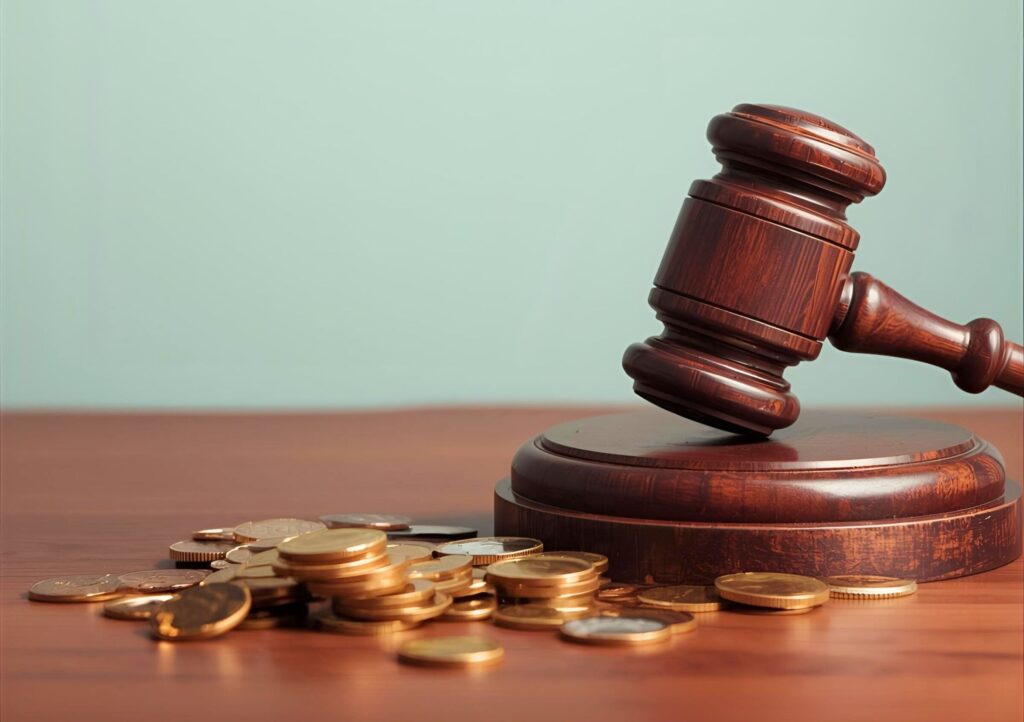 Coins strewn around a gavel.