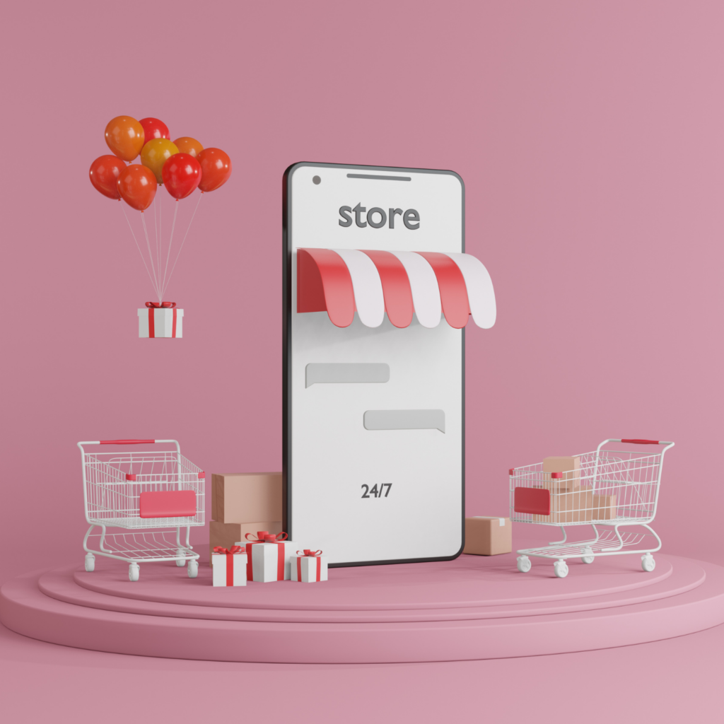 A 3D image on a pink background showing a mobile online store. A large smartphone with a striped awning is in the middle, surrounded by small shopping carts, gift boxes, and balloons.