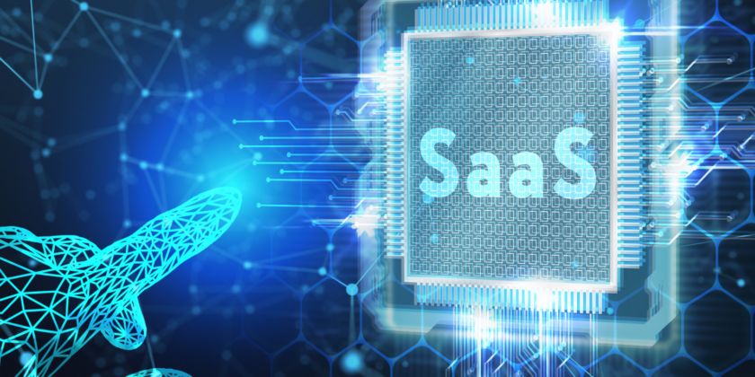 Digital Image Of A Circuit Board Microchip Glowing Blue With The Word "SaaS" On It, Representing Software As A Service.