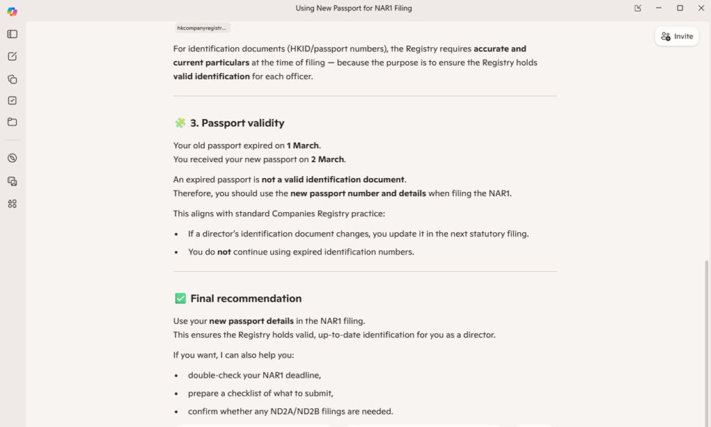 Copilot's incorrect answer about how to update a passport with the Companies Registry